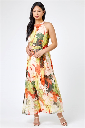 Lime Petite Tropical Print Tiered Dress, Image 1 of 5