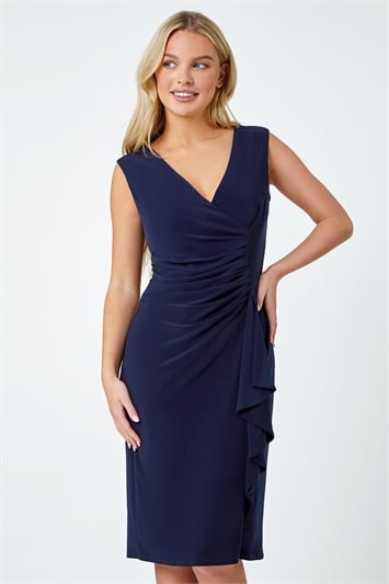 Blue Petite Ruched Waterfall Stretch Bodycon Dress