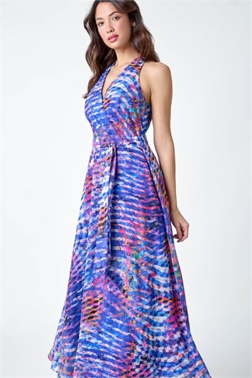 Blue Abstract Print Halterneck Maxi Dress