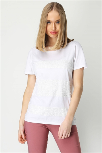 White Sequin Stripe T-Shirt Top