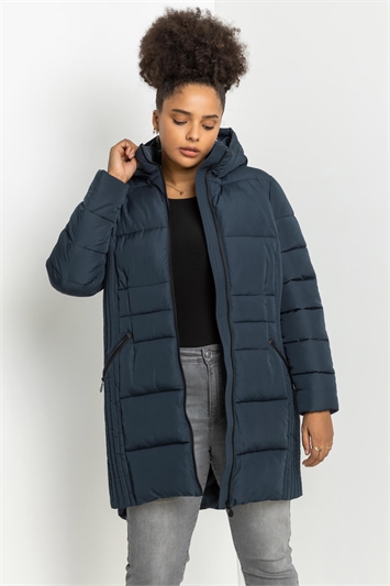 Blue Curve Longline Quilted Coat With Hood