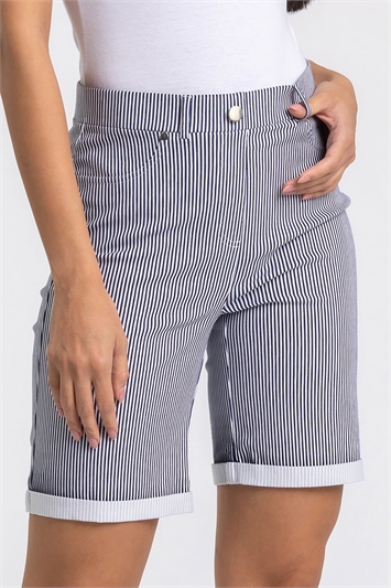 Navy Stripe Print Turn Up Stretch Shorts