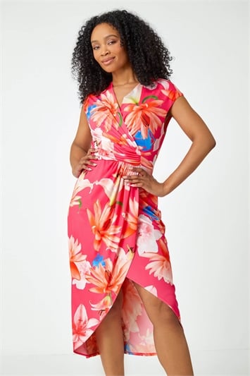 Pink Petite Ruched Floral Wrap Dress