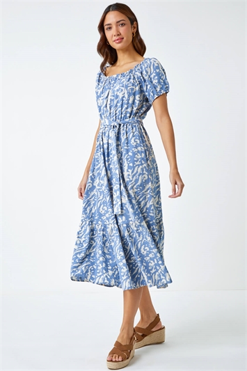 Multi Abstract Print Belted Midi Dress