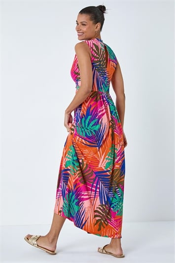 Pink Tropical Gathered Stretch Wrap Maxi Dress