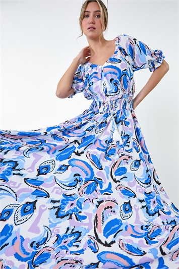 Blue Shirred Waist Abstract Print Maxi Dress