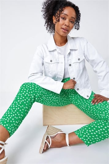 Green Petite Floral Tapered Stretch Trouser