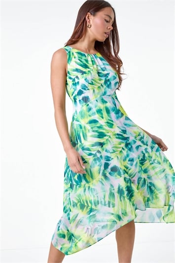 Green Petite Hanky Hem Leaf Print Midi Dress