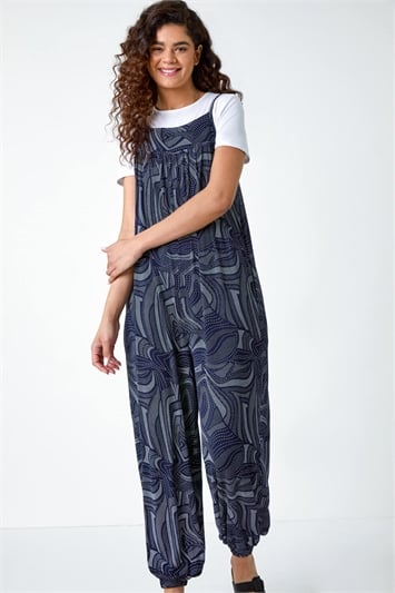 Blue Abstract Print Pocket Stretch Jumpsuit