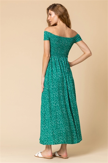 Green Shirred Ditsy Floral Print Bardot Dress, Image 2 of 4