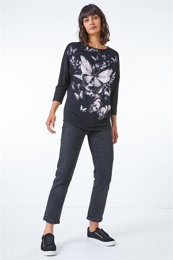 Black Butterfly Print Embellished Top, Image 2 of 5