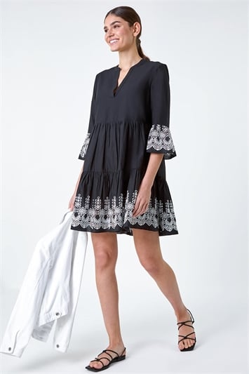 Black Embroidered Cotton Smock Dress