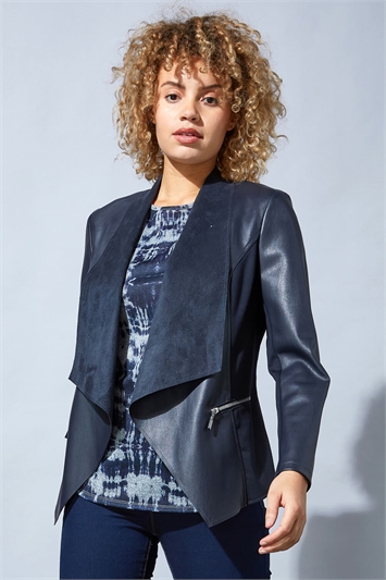 Navy Faux Leather Suedette Waterfall Jacket