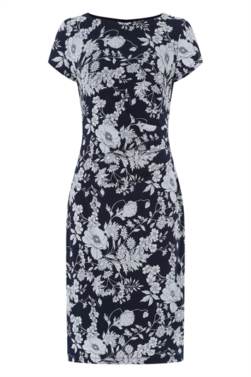 Navy Floral Print Side Ruched Dress, Image 5 of 5