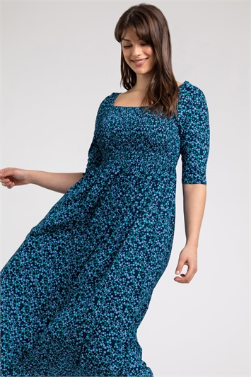 Blue Curve Ditsy Floral Shirred Midi Dress, Image 3 of 5
