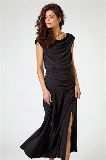 Black Cowl Neck Ruched Maxi Dress, Image 1 of 4