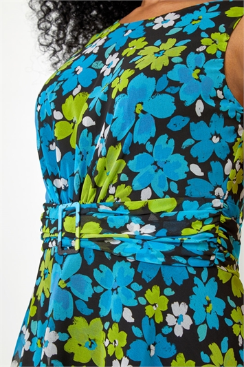 Blue Petite Floral Print Buckle Detail Dress, Image 5 of 5