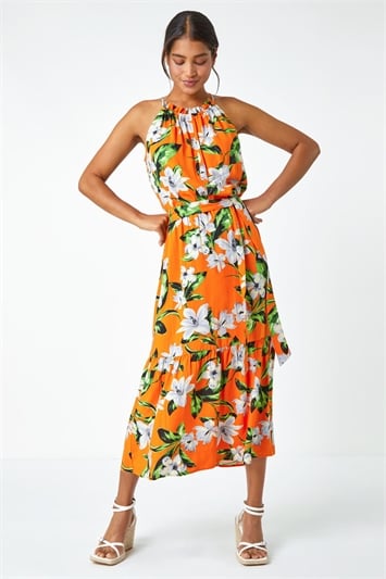 Orange Tropical Floral Halterneck Tiered Dress