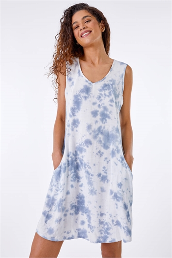 Light Blue Tie Dye Print Pocket Swing Dress, Image 2 of 5