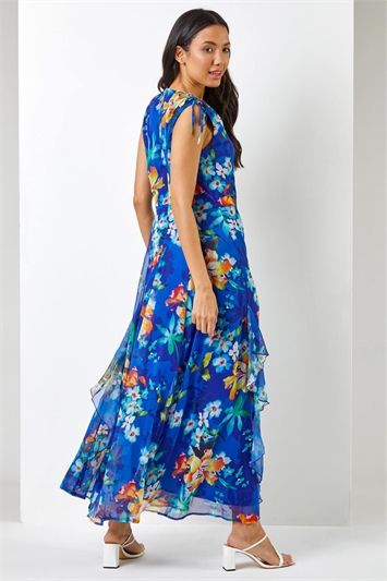 Blue Floral Print Frill Detail Maxi Dress, Image 2 of 5
