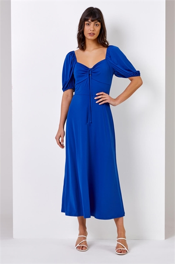 Royal Blue Ruched Jersey Tie Detail Midi Dress, Image 3 of 4
