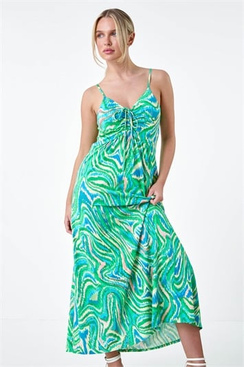 Green Petite Abstract Ruched Front Maxi Dress