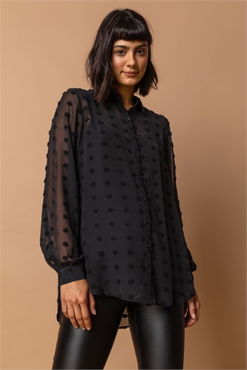 Black Textured Spot Button Up Blouse, Image 1 of 4