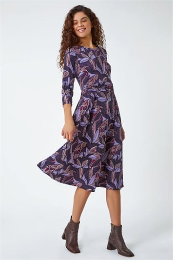 Purple Leaf Print Gathered Stretch Dress