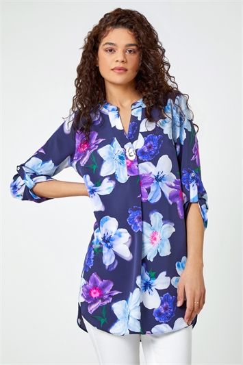 Blue Floral Longline Button Detail Shirt