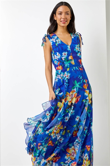 Blue Floral Print Frill Detail Maxi Dress, Image 1 of 5
