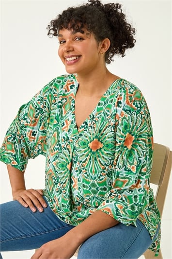 Green Curve Printed Pleat Front Top