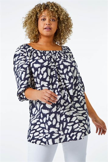 Navy Curve Square Neck Printed Top