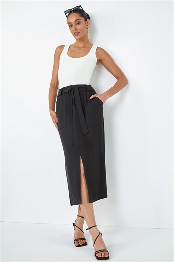 Black Belted A-Line Midi Skirt