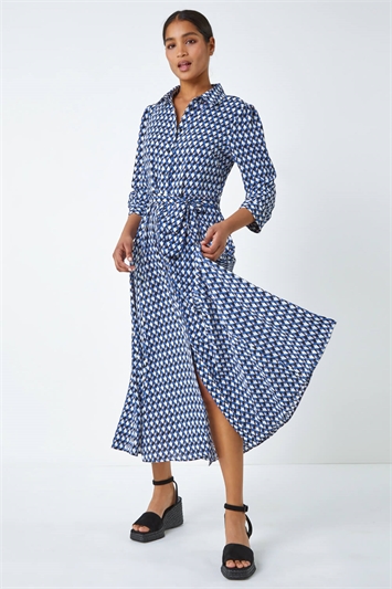 Blue Geometric Print Tie Waist Midi Shirt Dress