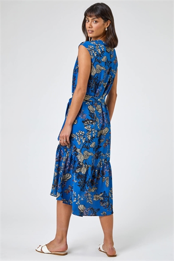 Blue Floral Print Dipped Hem Dress, Image 2 of 5