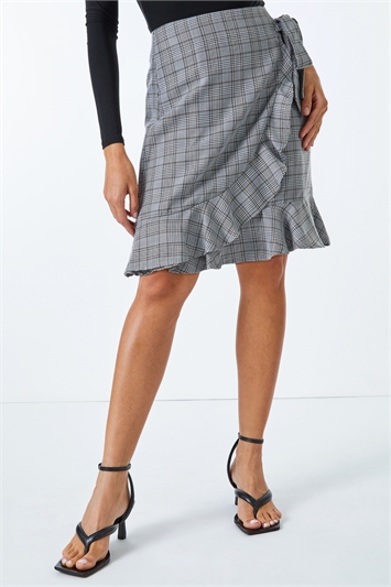 Grey Check Print Asymmetric Frill Detail Skirt, Image 3 of 5