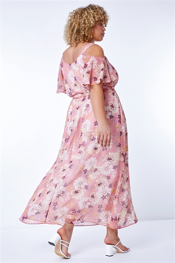 Pink Curve Floral Print Cold Shoulder Maxi Dress, Image 2 of 5