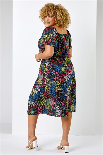 Black Curve Ditsy Floral Print Sweetheart Midi Dress, Image 2 of 7
