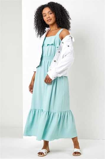 Mint Petite Stripe Print Tiered Shirred Dress