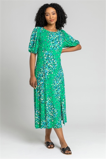 Green Petite Floral Print Empire Midi Dress, Image 3 of 5