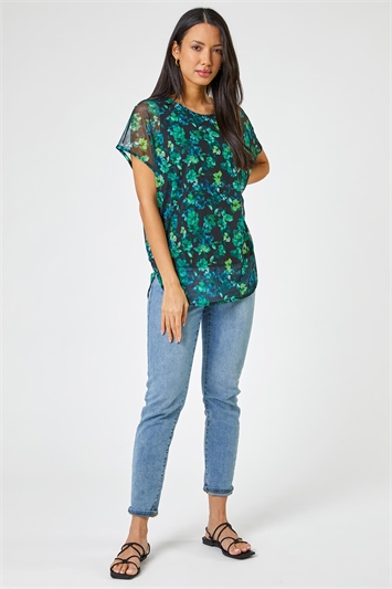 Green Floral Print Mesh Overlay Top, Image 3 of 4