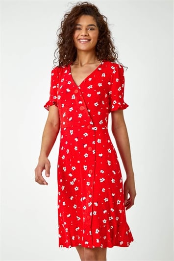 Red Floral Jersey Wrap Skater Tea Dress