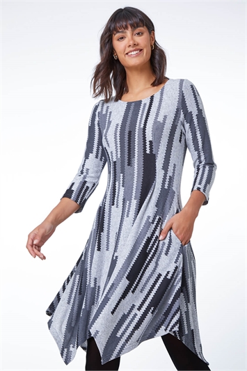 Grey Abstract Stripe Hanky Hem Swing Dress
