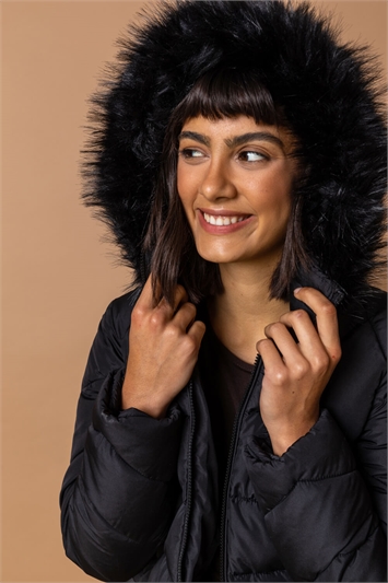 Black Faux Fur Trim Hooded Coat, Image 3 of 4