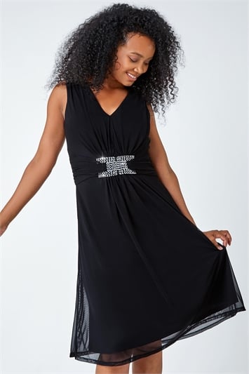Black Petite Embellished Waist Stretch Dress