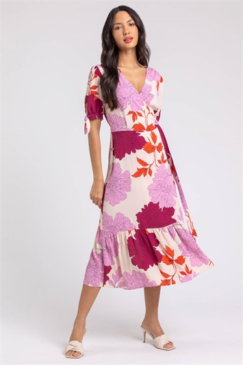Mauve Floral Frill Hem Wrap Midi Dress, Image 5 of 5