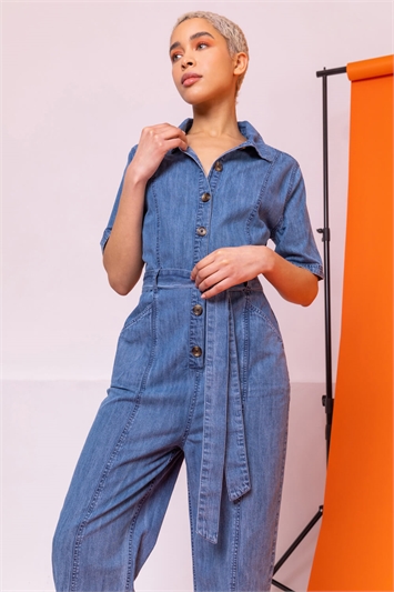 Blue Denim Button Through Belted Jumpsuit, Image 5 of 5