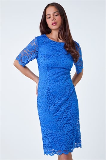 Blue Petite Lace Overlay Shift Dress