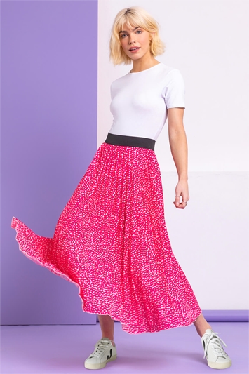 Pink Ditsy Spot Print Pleated Skirt, Image 3 of 4
