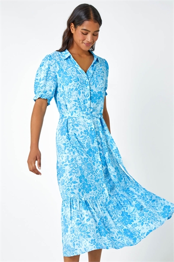 Blue Floral Print Frill Hem Shirt Dress